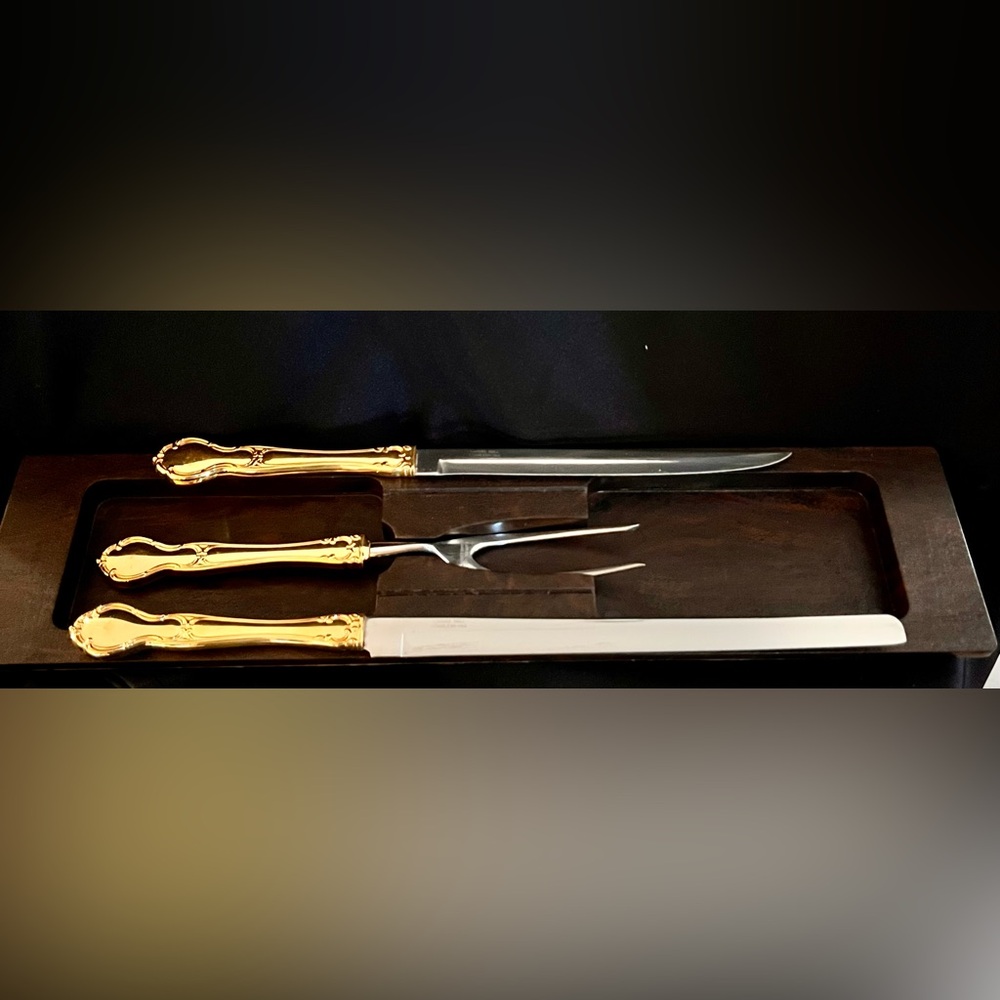 VTG Carvel Hall Gold Carving Set 3pc Mid Century Modern MCM Knife Fork Host Retr - Picture 6 of 12
